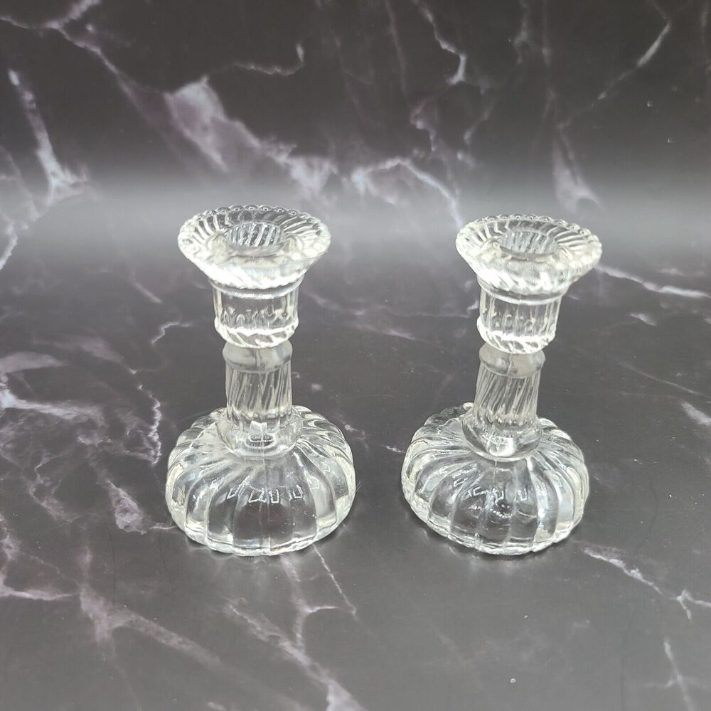 Vintage Elegant Pressed Glass Set of Two Candle Holders 3 Inch Tall